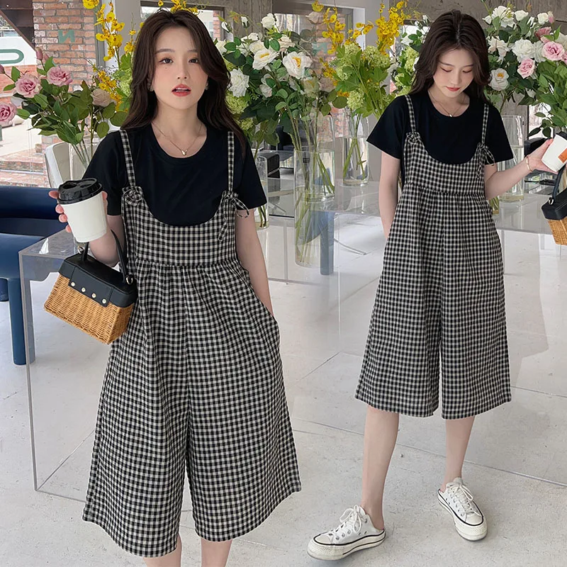 

2024 Summer Maternity Clothing Set Black Short Sleeve T-shirt+Strap Jumpsuits Twinset Pregnant Woman Breastfeeding Overalls Sets