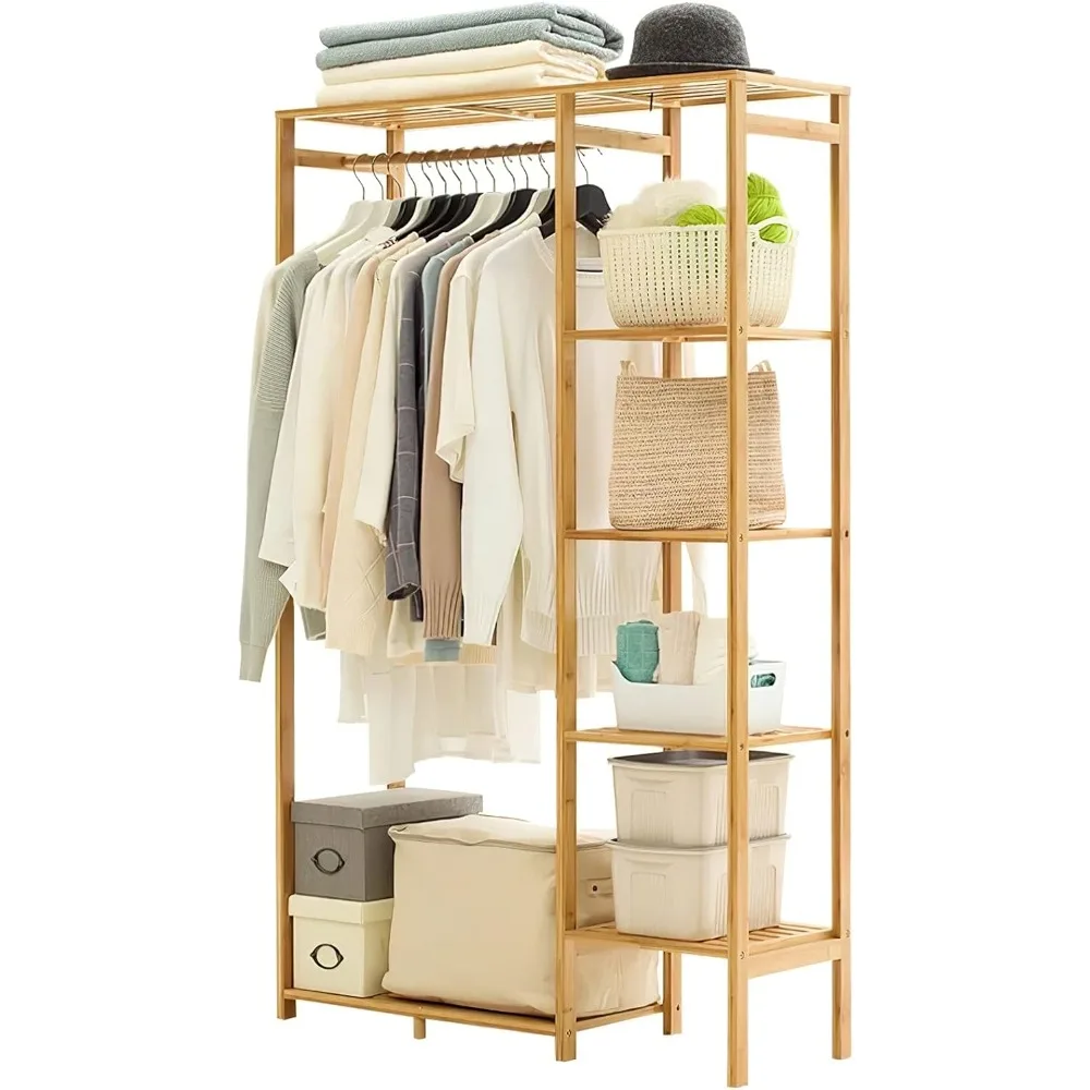 

Bamboo Clothing Rack with 6 Tier Storage Shelf Multifunctional Garment Organizer Wardrobe Closet for Guest Room Kids
