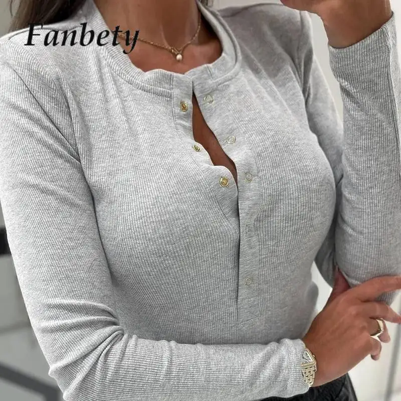 

Sexy Crew Neck Button Top Pullover Fashion Spring Autumn Commuter Ribbed Tops Blusa Women Casual Long Sleeve Slim Blouse Shirt
