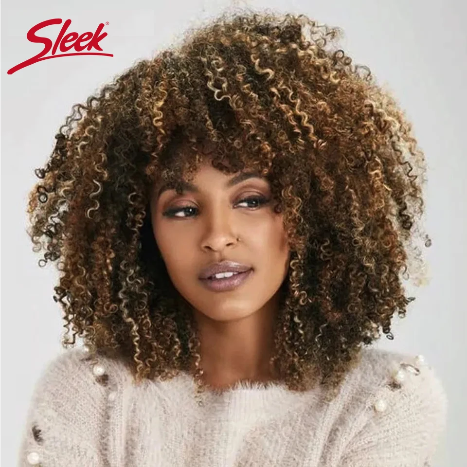 

Sleek P4/27 Afro Kinky Curly Human Hair Wigs Brazilian Highlight Remy Hair Bob Wigs With Bang 250% Density Remy Black Human Hair