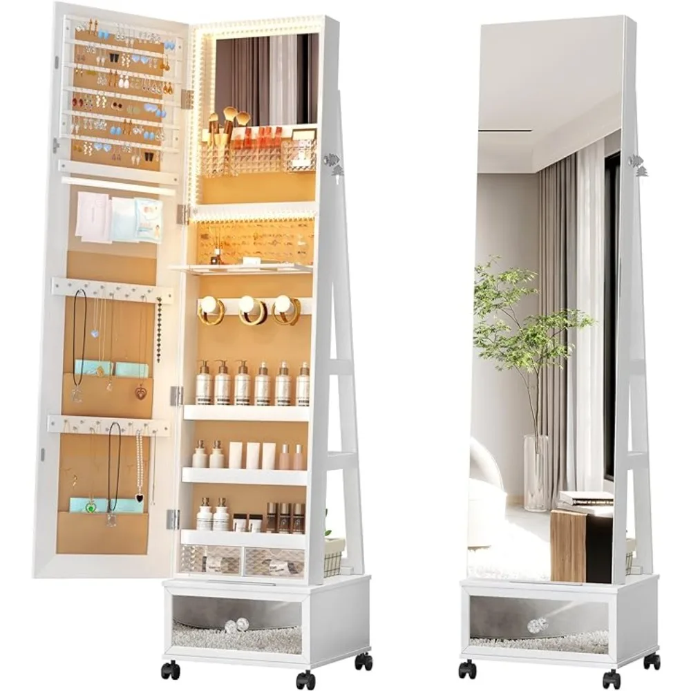 360° Swivel Jewelry Mirror Cabinet with Lights, Standing Jewelry Armoire Organizer Rotatable ,Lockable with Rear Storage Shelves
360° Swivel Jewelry Mirror Cabinet with Lights, Standing Jewelry Armoire Organizer Rotatable ,Lockable with Rear Storage Shelves