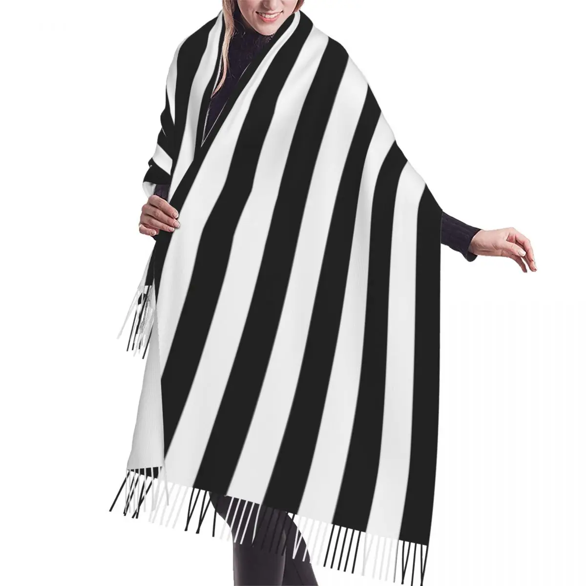 

Lady French Toile De Jouy Striped Black And White Scarves Women Winter Soft Warm Tassel Shawl Wrap Traditional France Art Scarf