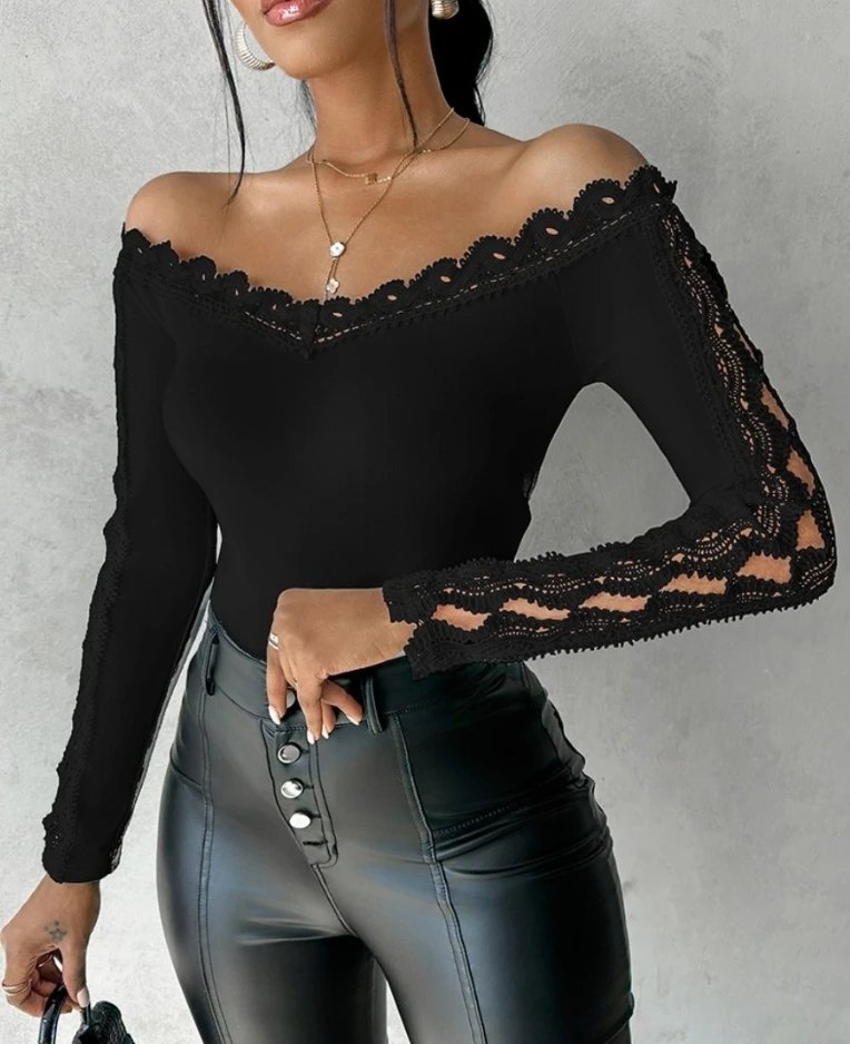 

Top Selling On Similar Deals One Line Neckline Lace Long Sleeved Solid Patchwork T-Shirt for Women Tight Hollow Elegant Tops