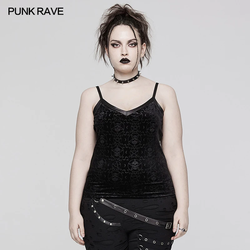 

PUNK RAVE Women's Gothic Sexy V-neck Camisole Pentacle Skull Embossed Velvet Splicing Daily Female Black Tank Top Spring/Summer