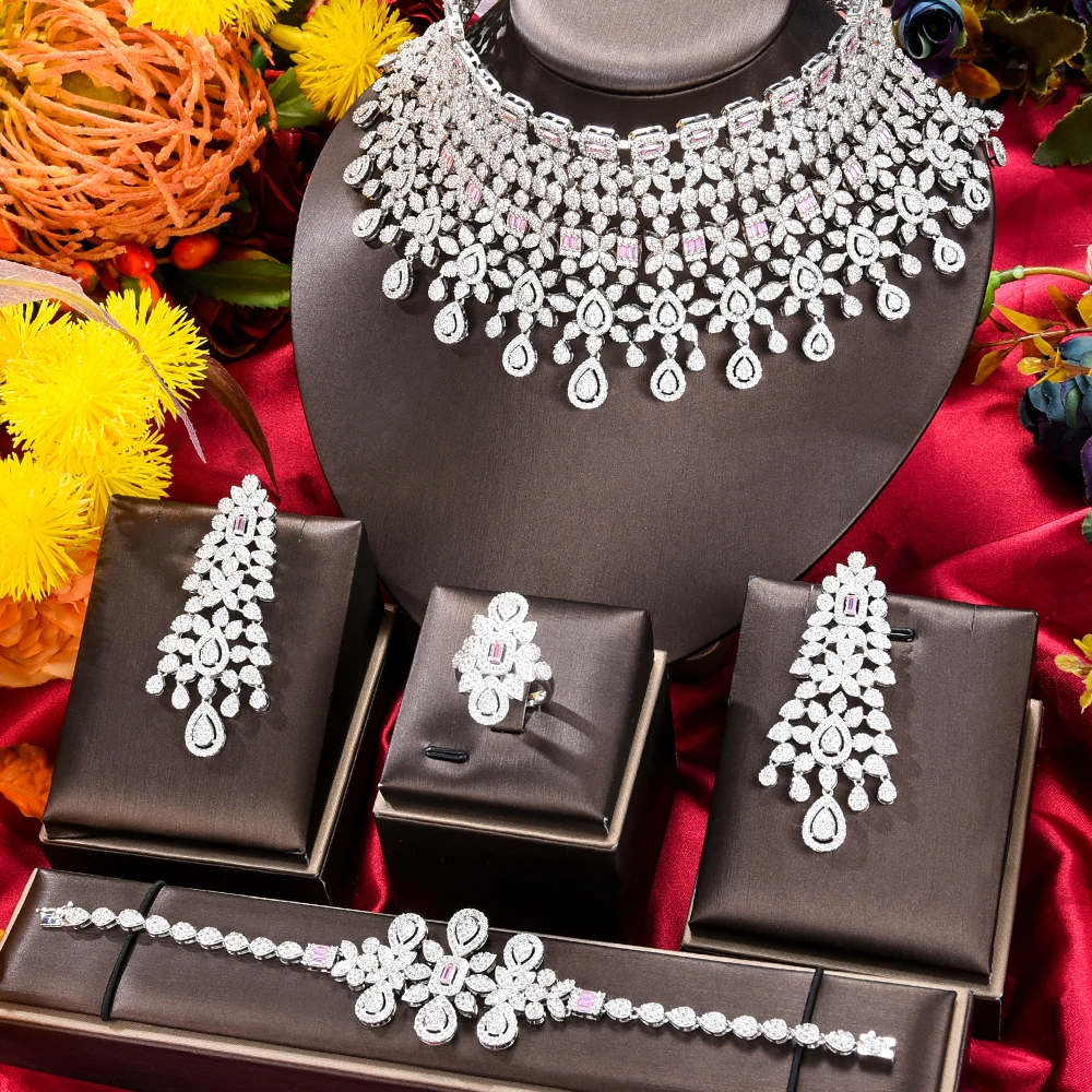 

Missvikki Luxury Gorgeous Necklace Earrings Bracelet Ring Jewelry Set 4PCS Women Bridal Wedding Party Sparkly High Quality