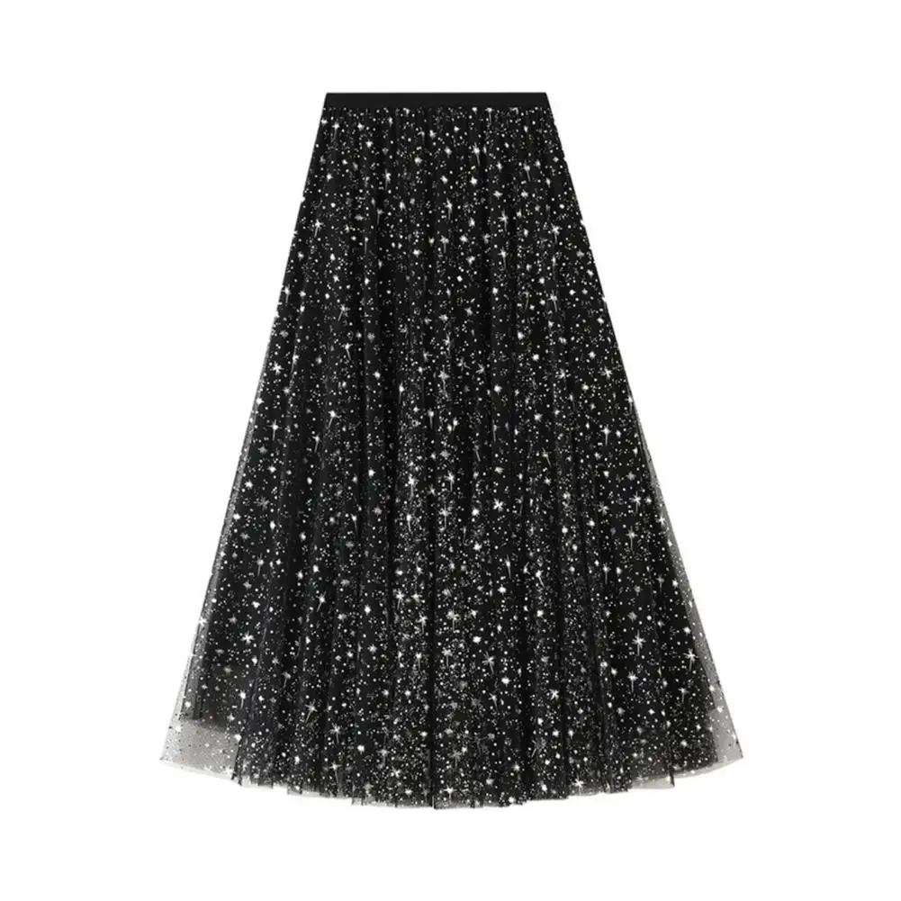 

Женская юбка трапециевидная, Тюлевая юбка с блестками и принтом звезд, трапециевидная юбка из тюля, многослойная кружевная плиссированная юбка миди с высокой талией
