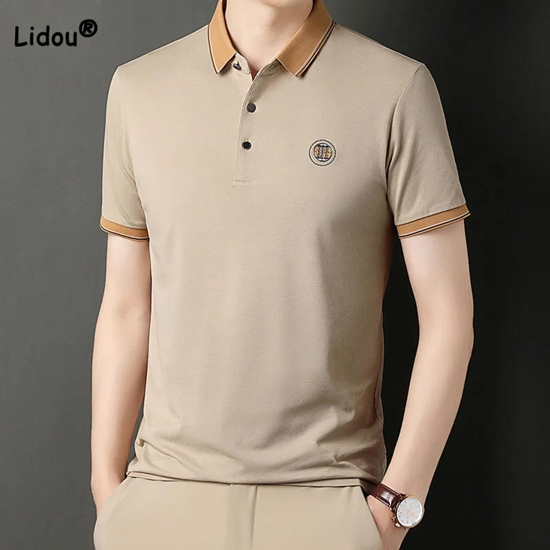 

Fashionable Solid Color Polo Men's Shirts Summer Business Office Casual Short Sleeve Embroidery Spliced T-shirt Male Clothes