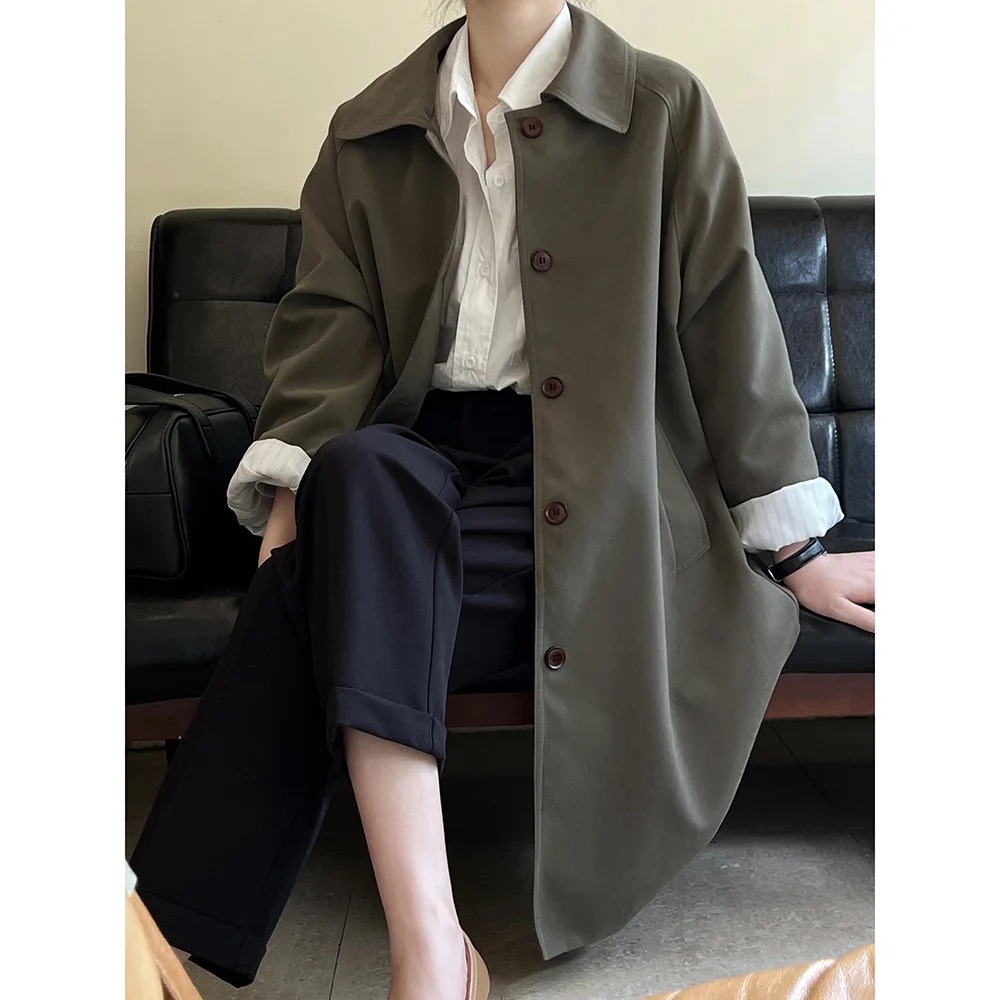 

Women Coat Medium Long Sleeve Single Breasted Button Trench Turndown Collar Pocket Solid Color Jacket Loose Casual Office Lady