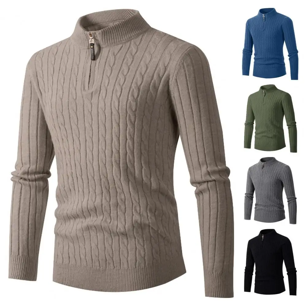 

Мужской трикотажный свитер, мужской плотный вязаный свитер на молнии с полувысоким воротником, с аппликацией и перекрученной текстурой, однотонный, для повседневной носки на осень и зиму