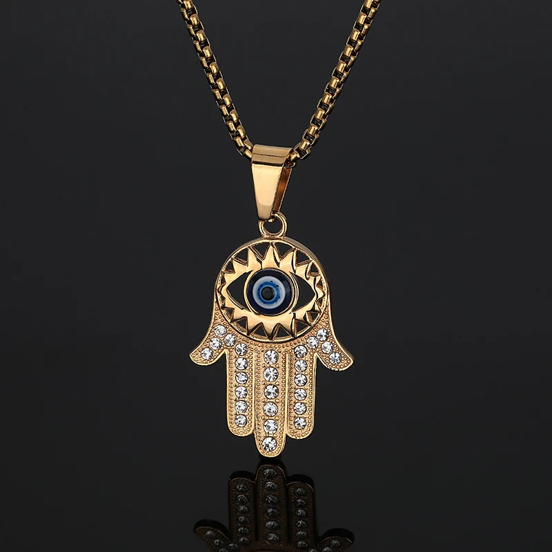 

Hip Hop Bling Iced Out Gold Color Stainless Steel Eye of Evil Fatima Hand Amulet Pendants Necklace for Men Rapper Jewelry