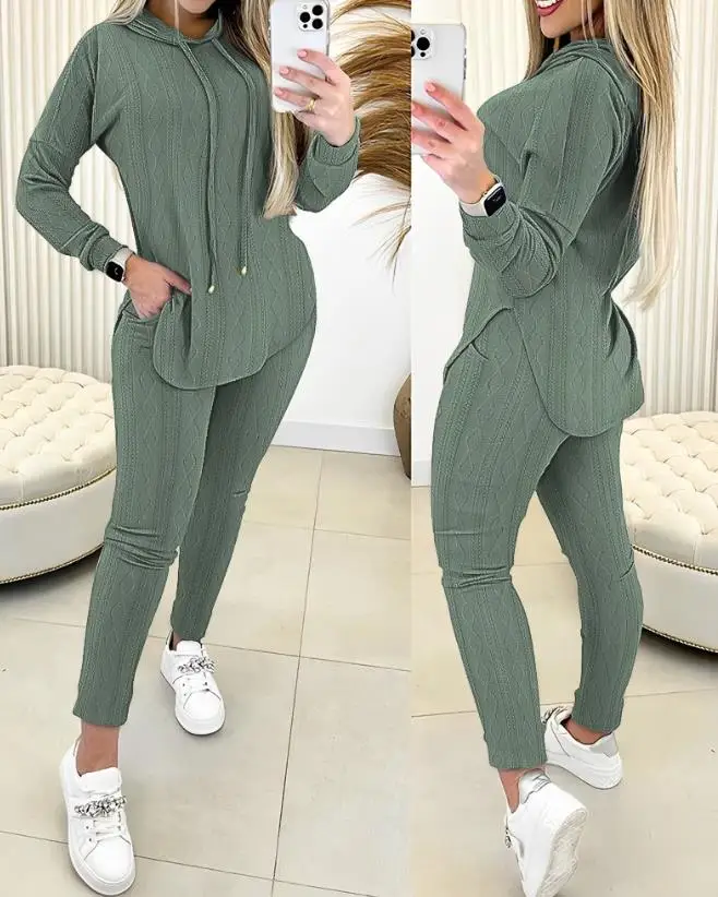 

Women Casual Set 2024 Spring Latest Cable Textured Hooded Drawstring Long Sleeves Sweatshirt&pocket Slit Daily Design Pants Set