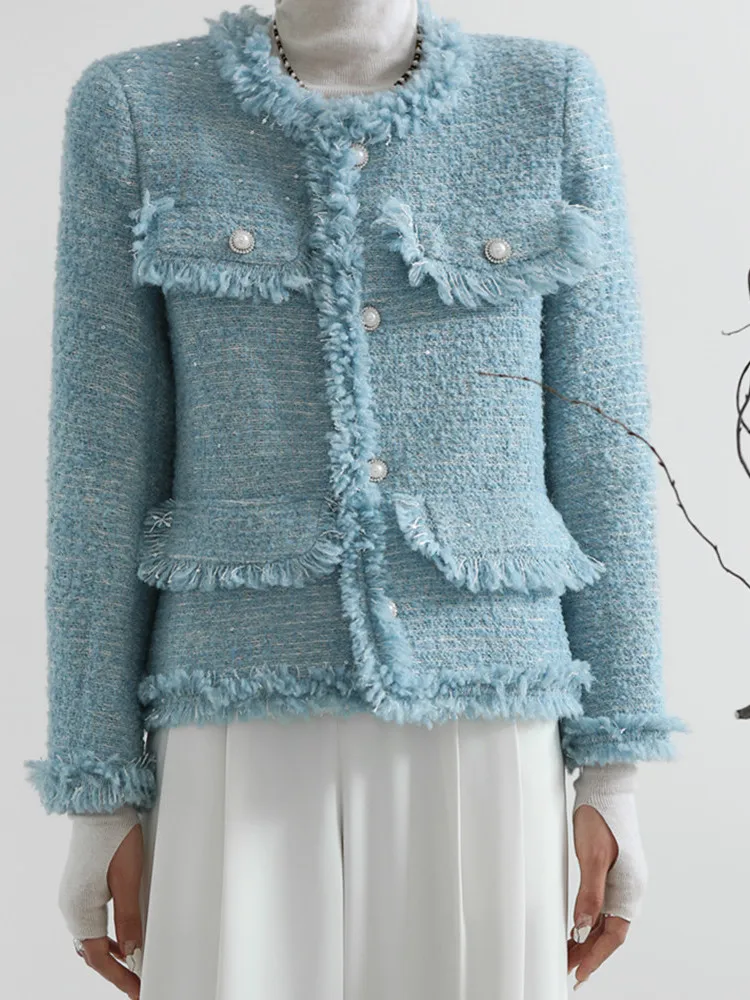 Blue Light Luxury Beads Diamond Small Fragrance Tweed Coat Women's Single Breasted Long Sleeve Vintage Outwear Tops
Blue Light Luxury Beads Diamond Small Fragrance Tweed Coat Women's Single Breasted Long Sleeve Vintage Outwear Tops