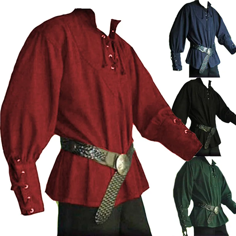 

Mens Medieval Shirts Poet's Renaissance Costume Viking Pirate Captain Lace Up Ruffle Tops Sand Collar Shirt