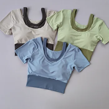 여성용 가짜 투피스 스포츠 반팔, 브라 달린 통기성 피트니스 탑, 속건성 타이트 쇼트 댄스 요가 의류, 여름 상품 이미지