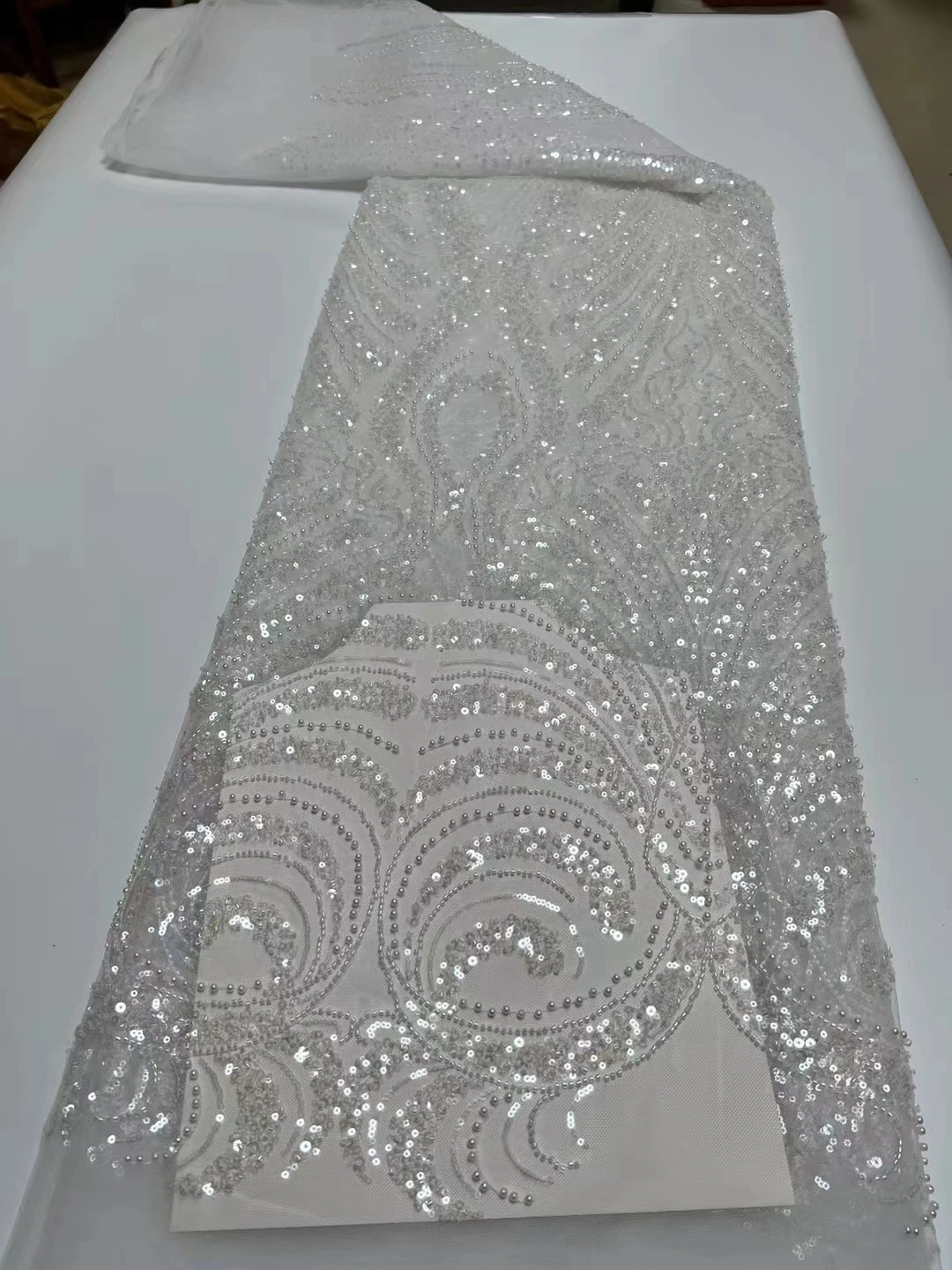 

Luxurious African Groom Sequins Lace Fabric High Quality 2024 Heavy Beads Embroidery French Tulle Lace Nigerian Wedding Dress Dx
