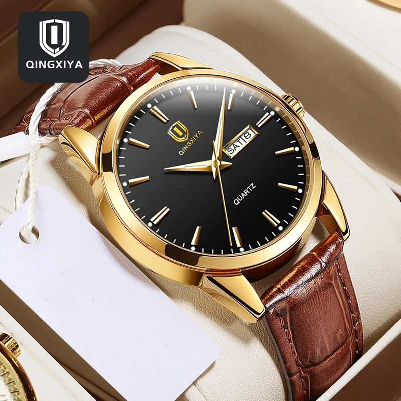 

QINGXIYA Business Men Quartz Watch Fashion Leather Strap Waterproof Luminous Week Date Mens Watches Top Brand Luxury Wristwatch
