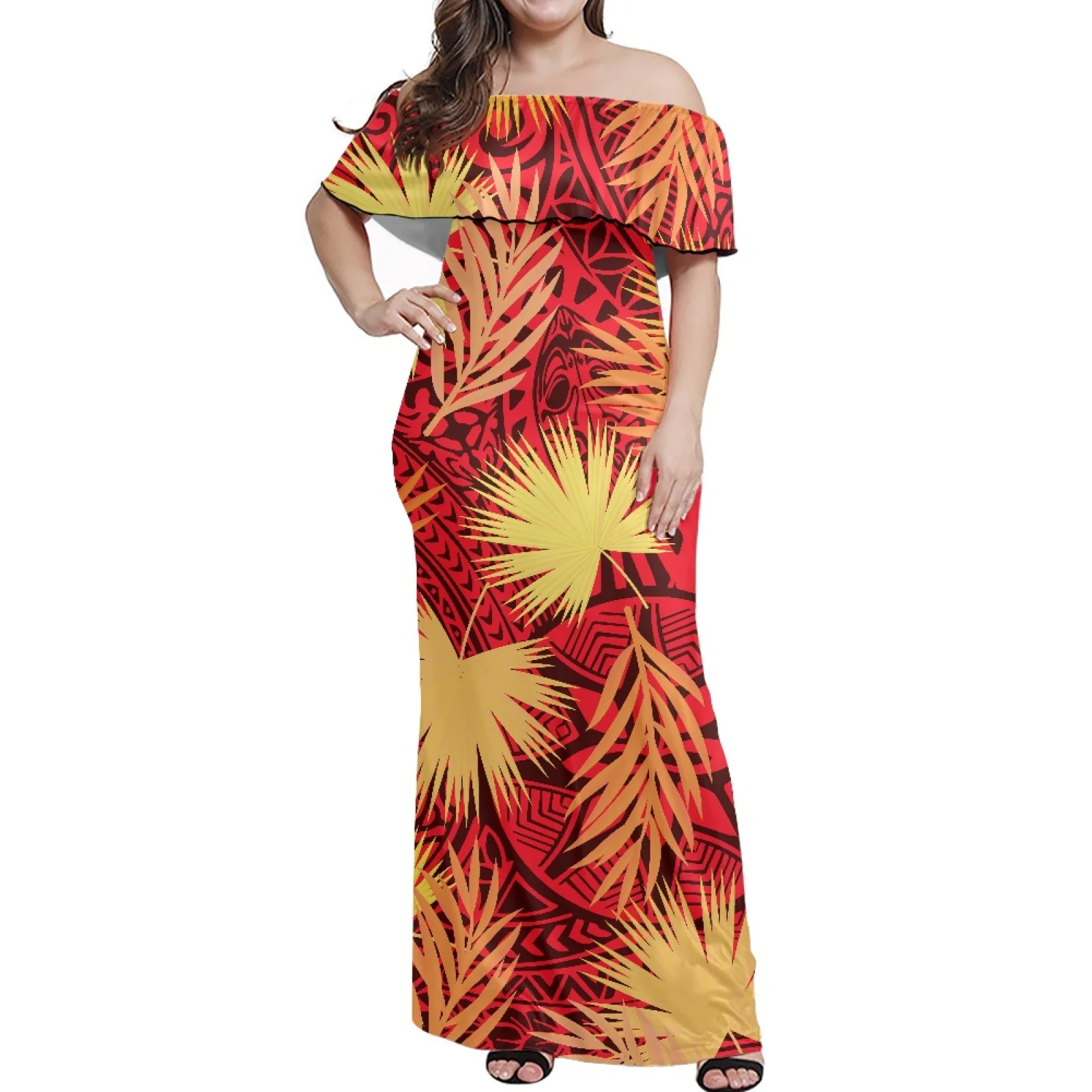 

Polynesian Women's Tropical Palm Leaf Sleeve Tunic Dress, Tribal, Fijian Totem, Tattoo, Fiji Prints, Sexy, Off Shoulder Casual