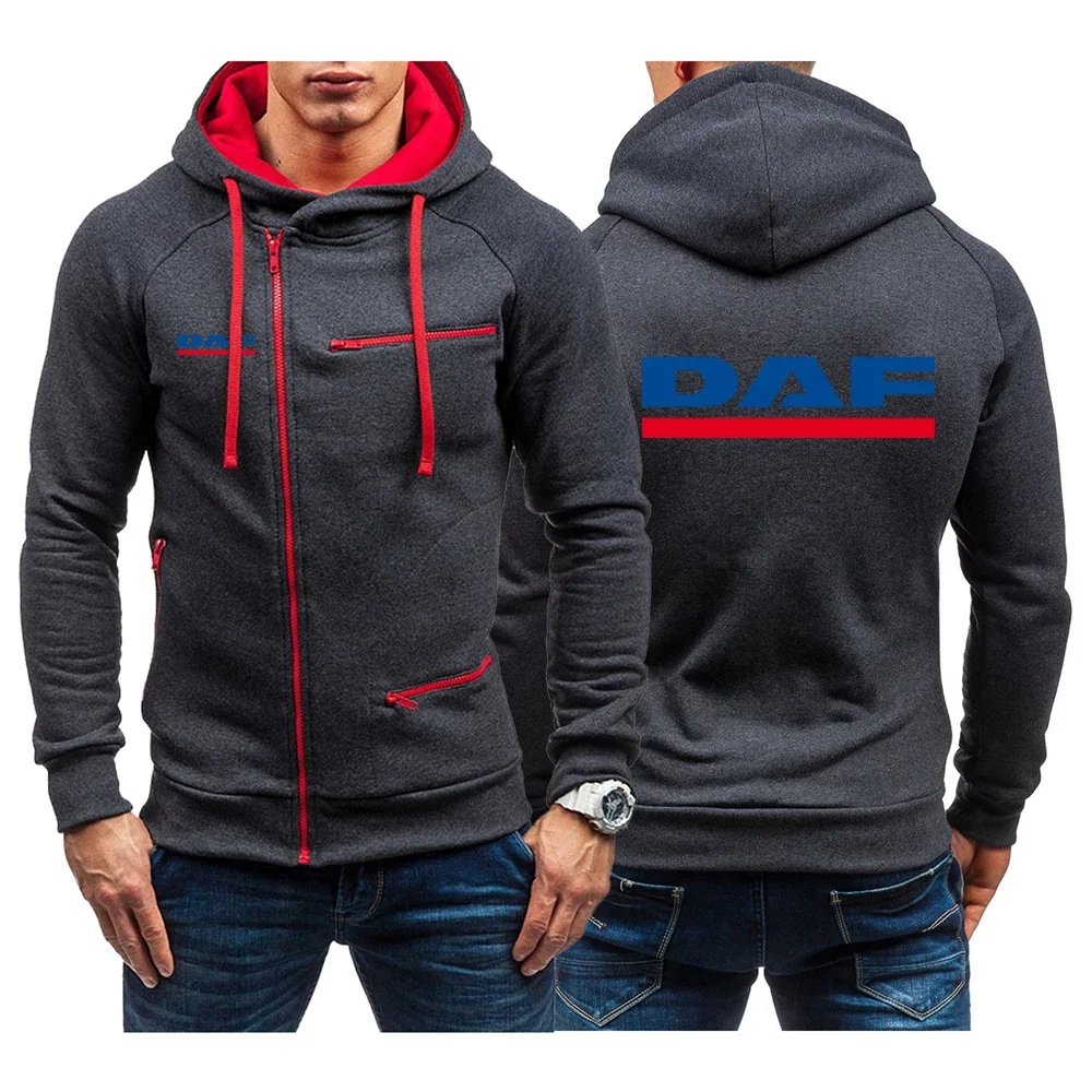 

2024 DAF TRUCKS COMPANY TRUCKER LOGO Men's New Solid Color Diagonal Zip Hooded Long Sleeves Hoodies Casual Jacket Pullover Tops