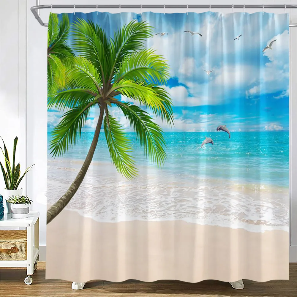 Пляжная душевая занавеска с кокосовым деревом, с дельфином и морскими волнами, летняя занавеска для ванны с природным пейзажем, набор крючков для украшения дома и ванной 
Пляжная душевая занавеска с кокосовым деревом, с дельфином и морскими волнами, летняя занавеска для ванны с природным пейзажем, набор крючков для украшения дома и ванной
