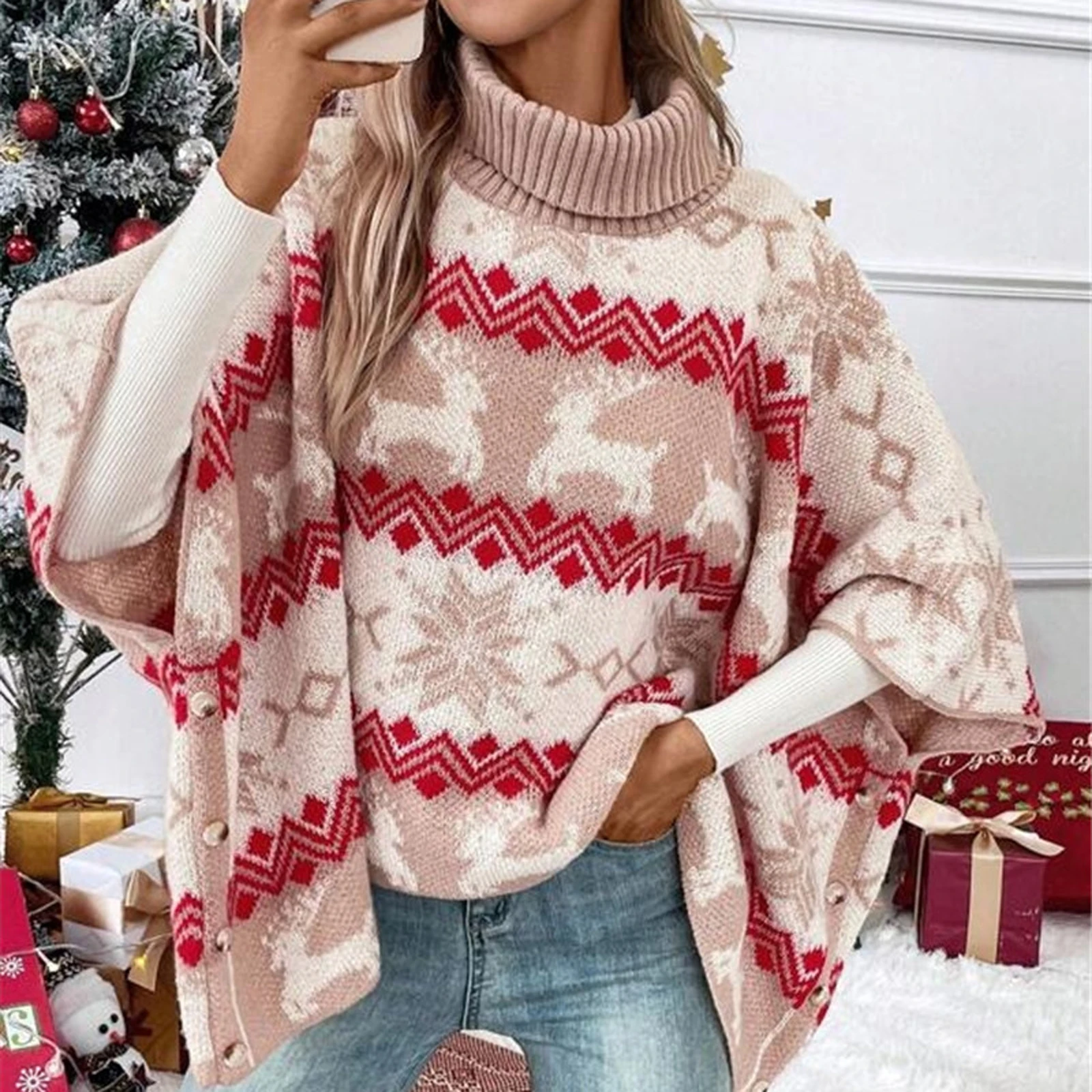 

Women's Fashion Christmas Sweaters Classic Elk Snowflake Print Batwing Sleeve Turtleneck Pullover Fall Winter Knit Tops