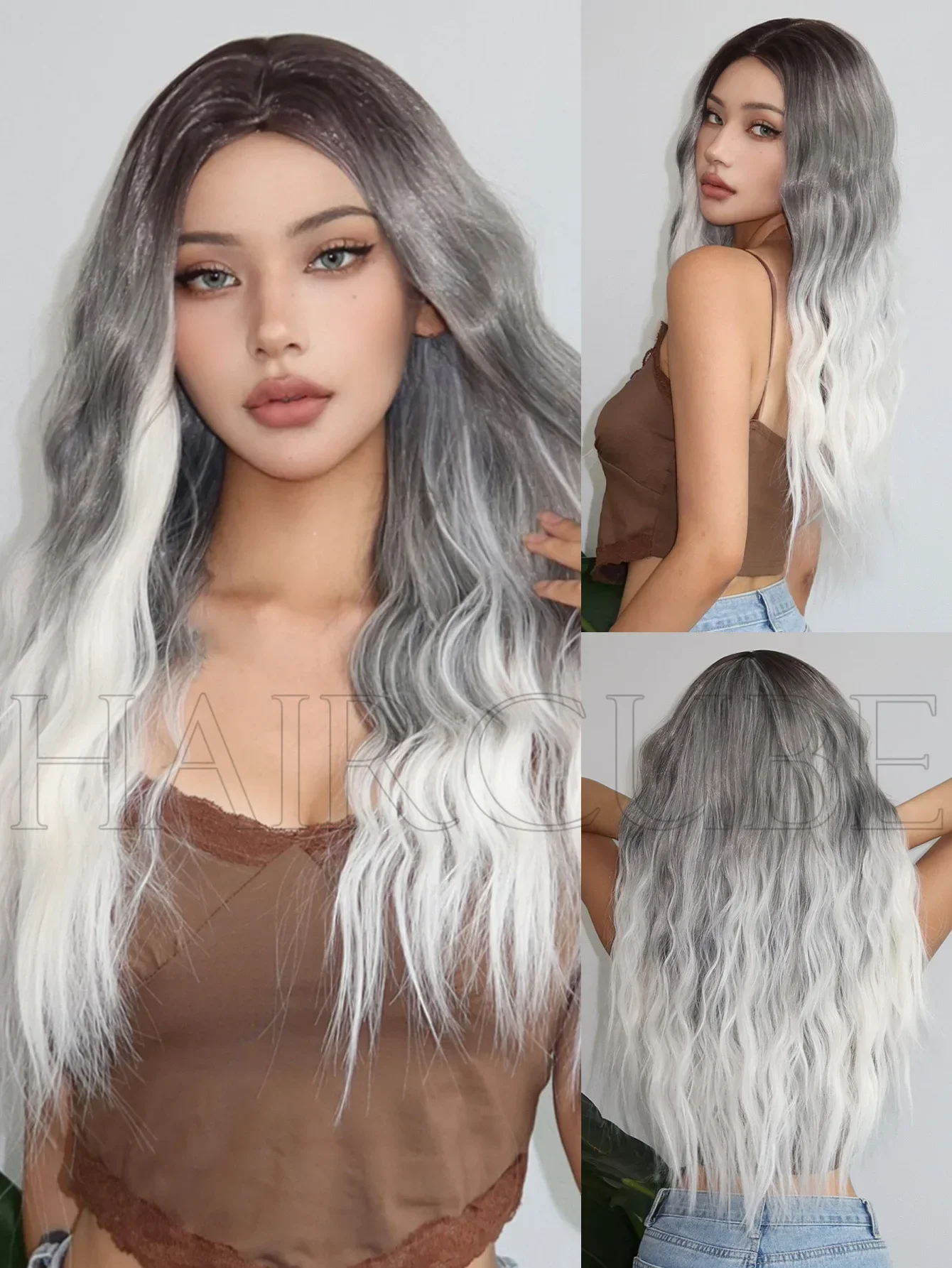 

New Long Ombre Mix Brown Gradient Gray Wavy Wig For Women’s Halloween Event Cosplay Costume Party Wigs