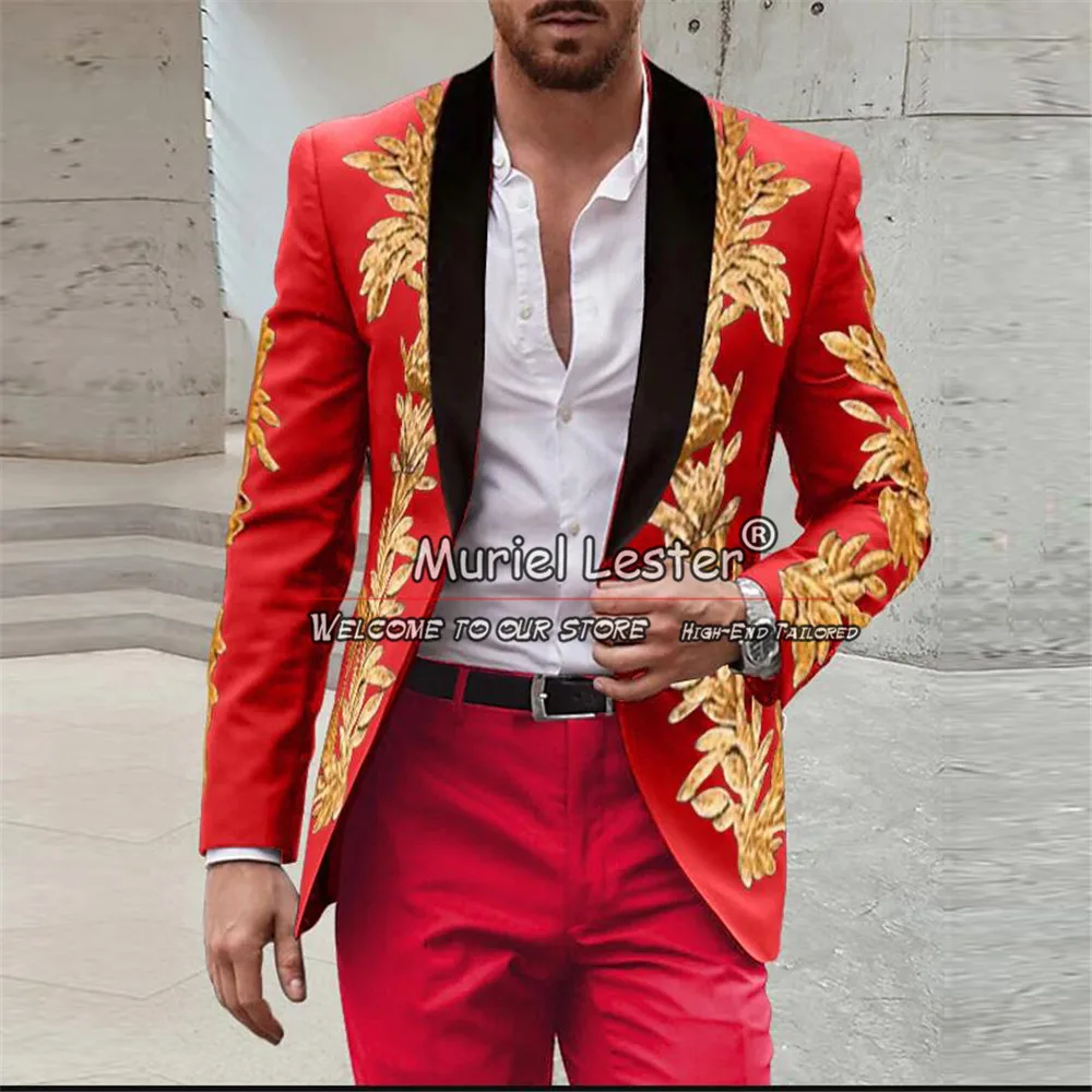 

Red Suit Men With Gold Sequin Appliques Jacket Pants 2 Pieces Groom Wedding Tuxedos Plus Size Black Shawl Lapel Prom Blazer 2024