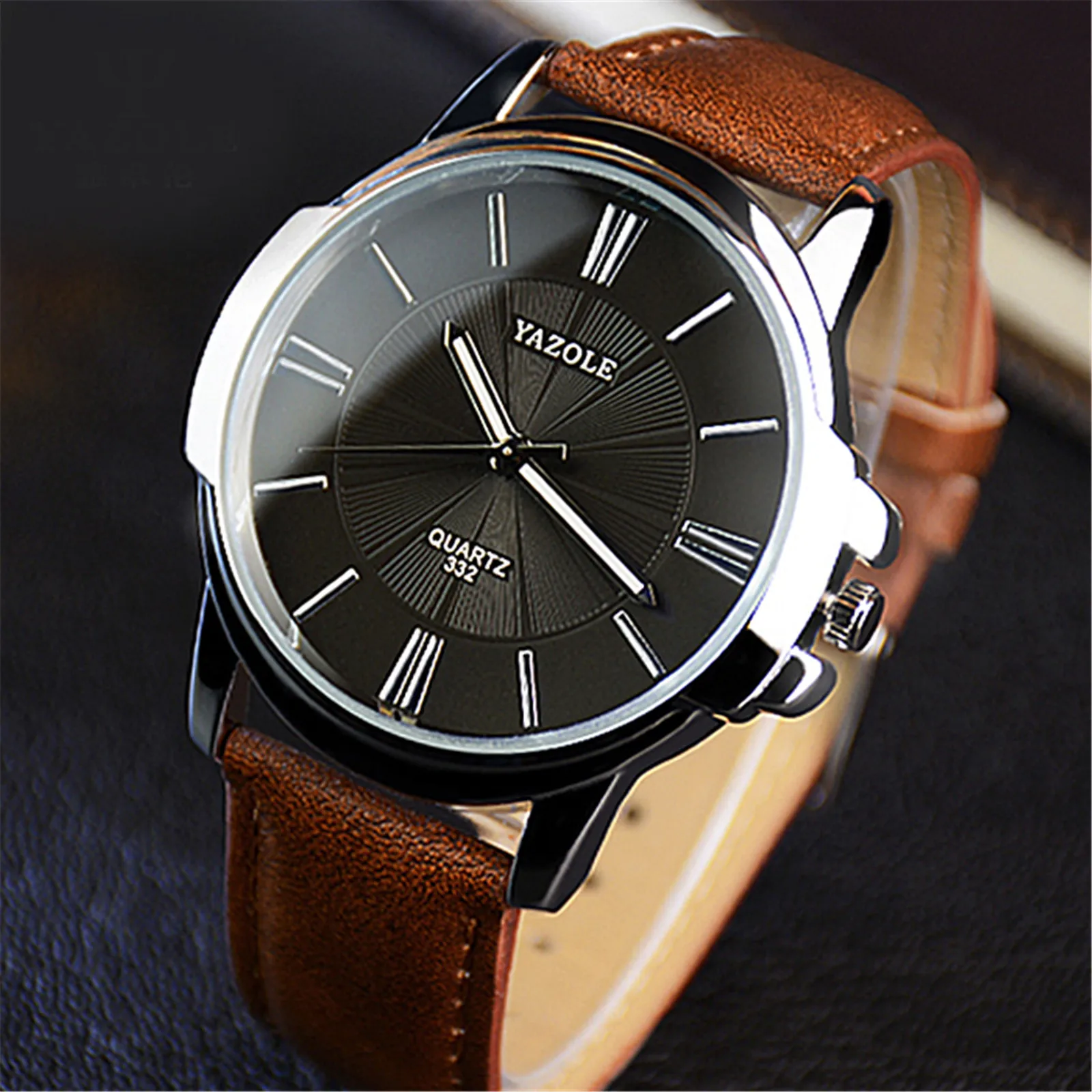 

Men Blu-Ray Roman Numerals Quartz Analog Wrist Watch Black Band Black Dial Faux Leather Band Quartz Wristwatches Luxury Brand