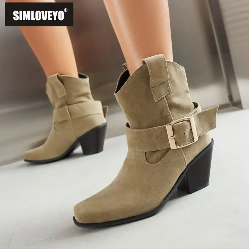 

SIMLOVEYO Brand Western Women Ankle Boots Square Toe Block Heels Slip On Belt Buckle Big Size 41 42 43 Leisure Daily Female Bota