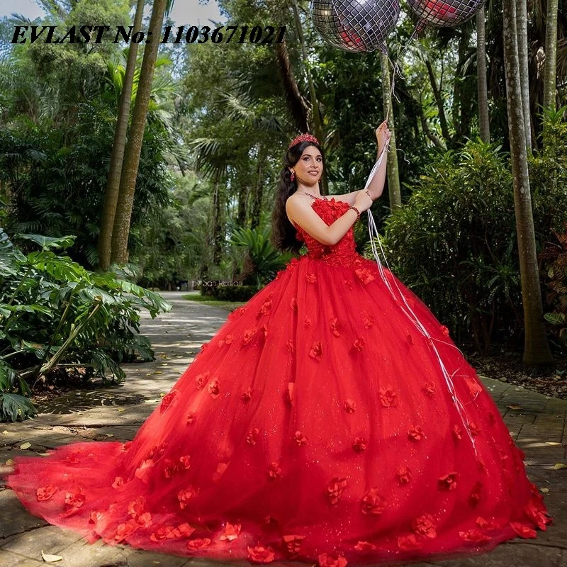

EVLAST Shiny Red Quinceanera Dress Ball Gown 3D Flowers Applique Beading Mexico Corset Sweet 16 Vestidos De XV 15 Anos SQ131
