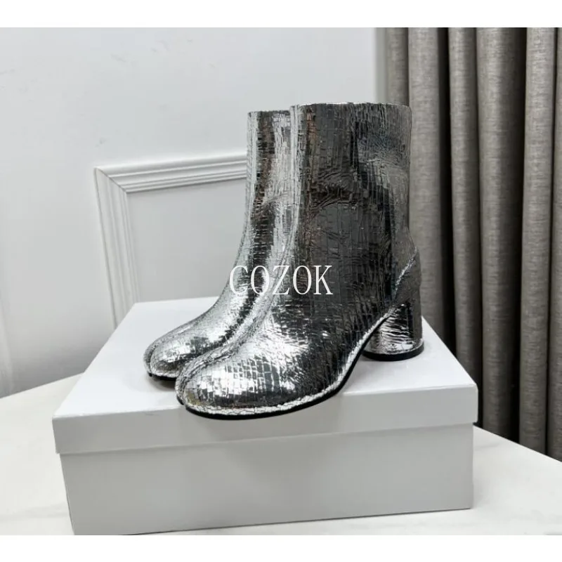 

2024 Brand Design Tabi Boots Split Toe Chunky High Heel Women Boots Leather Zapatos Mujer Fashion Autumn Women Shoes Botas Mujer