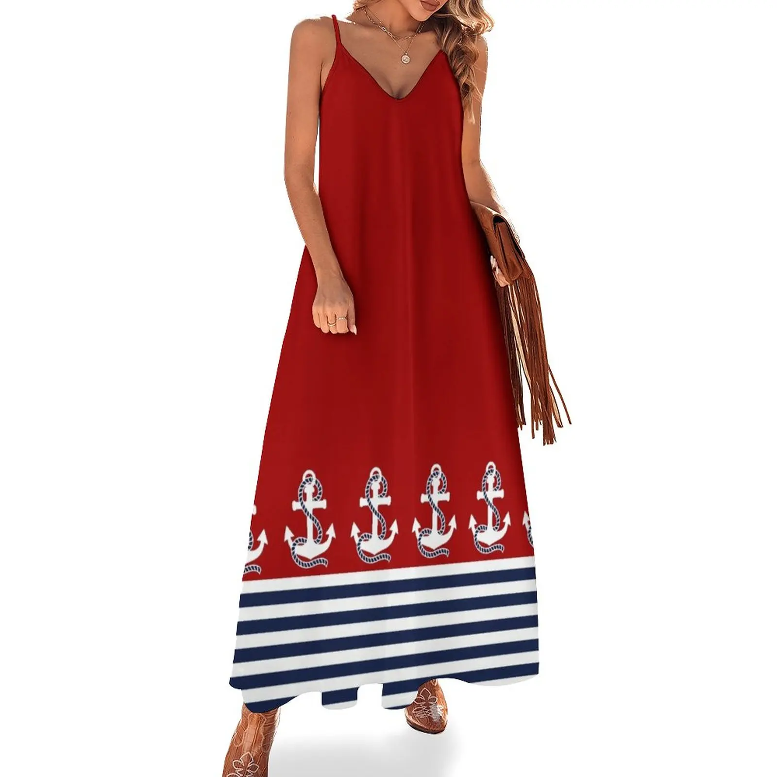 

Nautical red white stripes and blue anchors on red background Sleeveless Dress Female clothing dresses for women