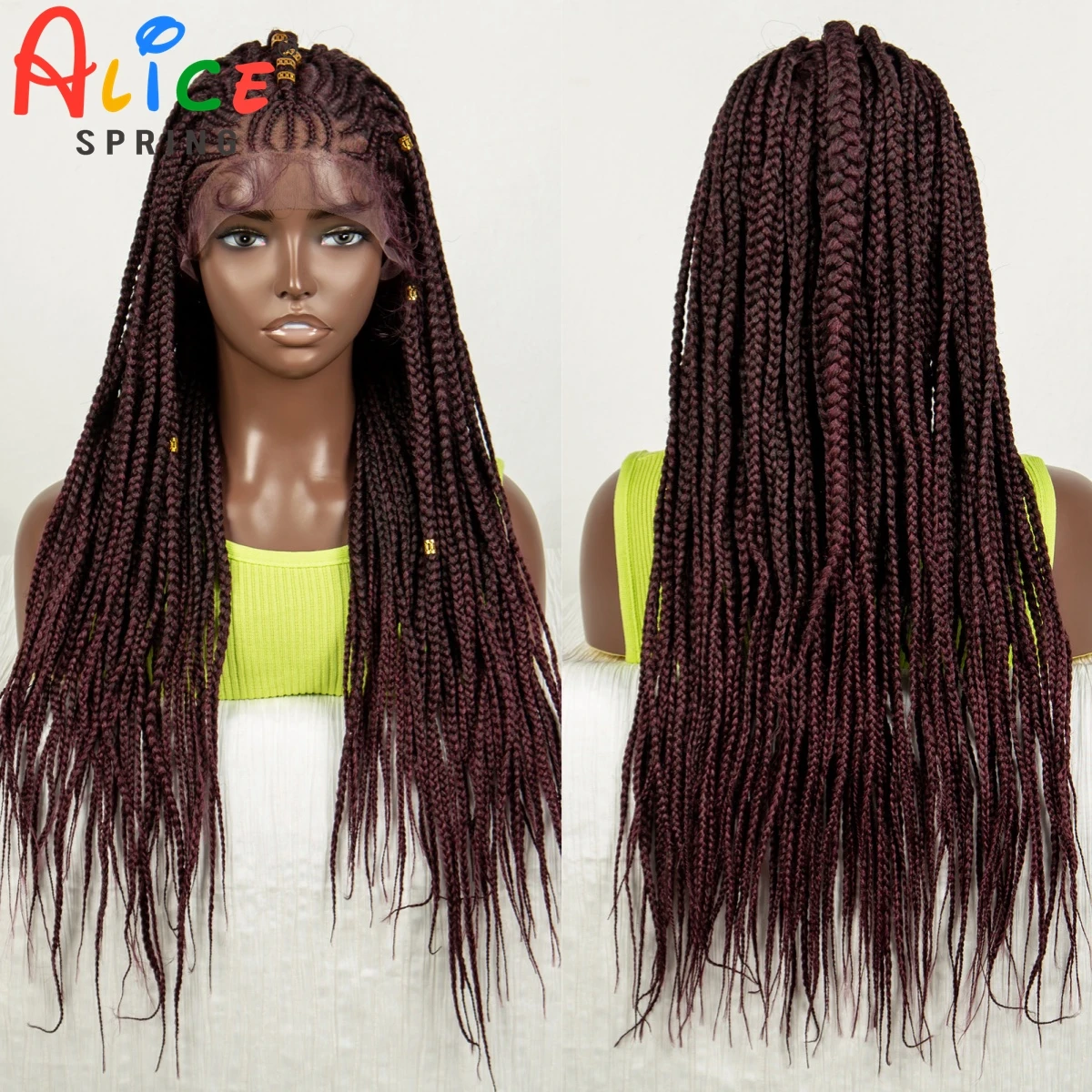 

Burgundy Straight Braided Wigs Synthetic Lace Front Braids Wig with Baby Hair Cornrow Knotless Box Braiding Wig for Black Women