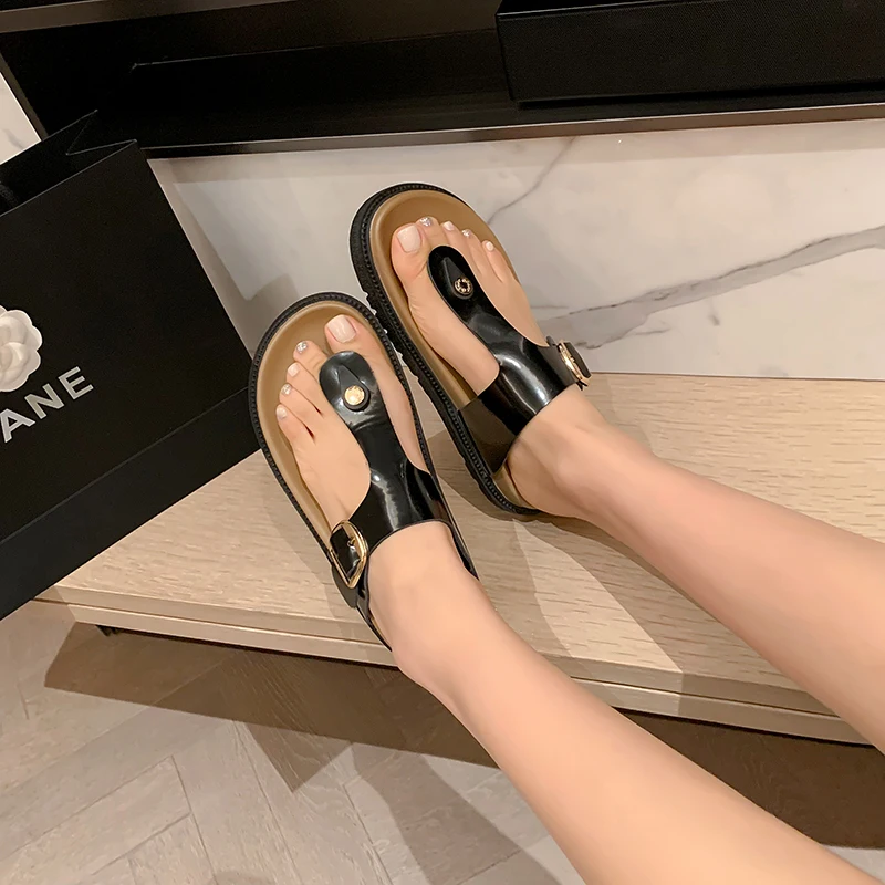 

Woman Sandals Flip Flop High Sole Shoes Patent Leather Metal Waterproof Slippers Buckle Suede Slides Women Beach Thick Flats