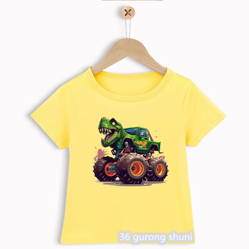 

Желтая футболка с рисунком монстра-грузовика Рекс, для девочек и мальчиков, кавайная детская одежда, забавная футболка с динозаврами, летние модные топы, футболка