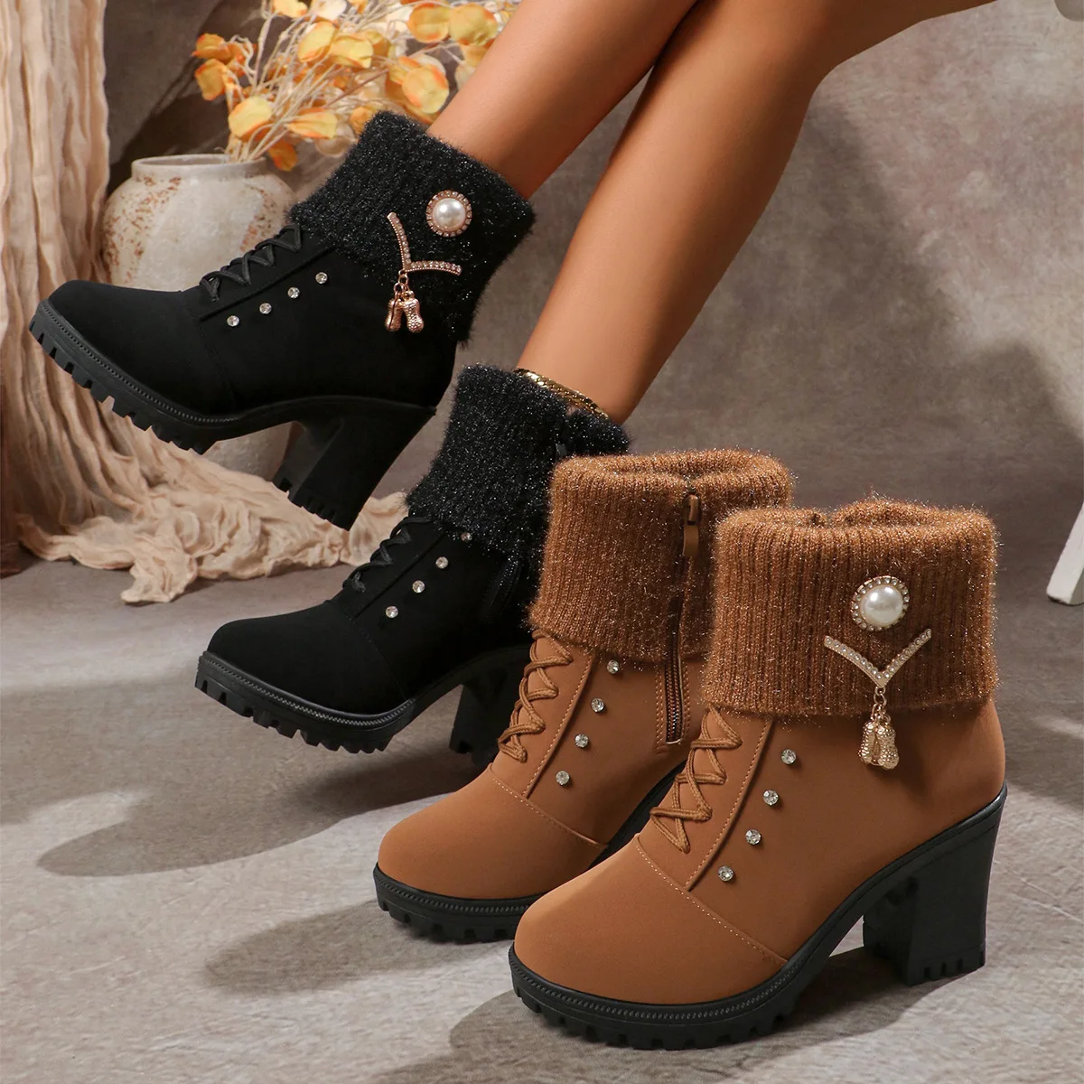 Women winter ankle boots with high square heel, platform sole, and plush lining