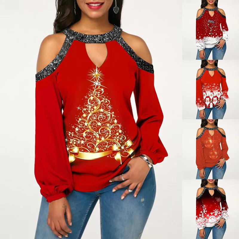 

Christmas Day Women'S Bright Splice Off Shoulder Fashion T-Shirt Casual Versatile Female Lady Long Sleeve Tops