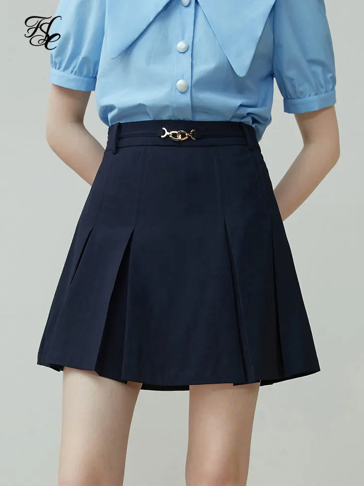 

FSLE College Style A-LINE Skirts Pleated Design High Waist Women Above-Knee Length Skirt Solid Twill Women Summer Mini Skirt