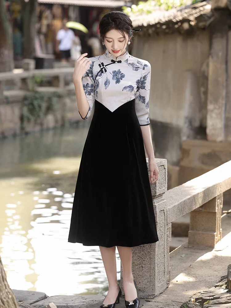 

FZSLCYIYI Vintage Printed Velour Montage Women A-Line Qipao Chinese Mandarin Collar Seven Points Sleeve Femme Cheongsam Dress