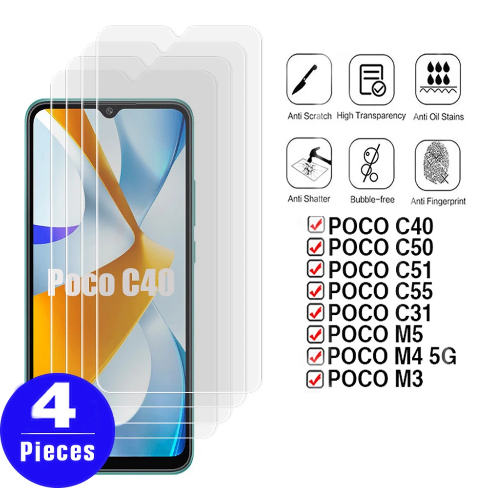 

4Pcs For xiaomi Poco C50 Tempered glass For Poco C55 C51 M5 M4 5G C40 F5 pro screen protector M3 C31 protective film Smartphone