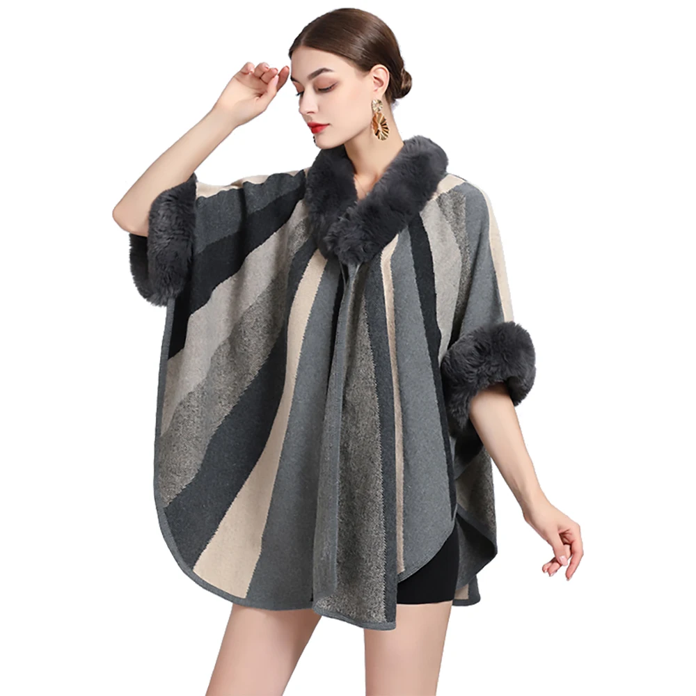 Women's Cashmere Feel Shawl Lady Rex Rabbit Faux Fur Collar Wrap Autumn Winter Stripped Cloak Classic Luxury Warm Overcoat New
Women's Cashmere Feel Shawl Lady Rex Rabbit Faux Fur Collar Wrap Autumn Winter Stripped Cloak Classic Luxury Warm Overcoat New