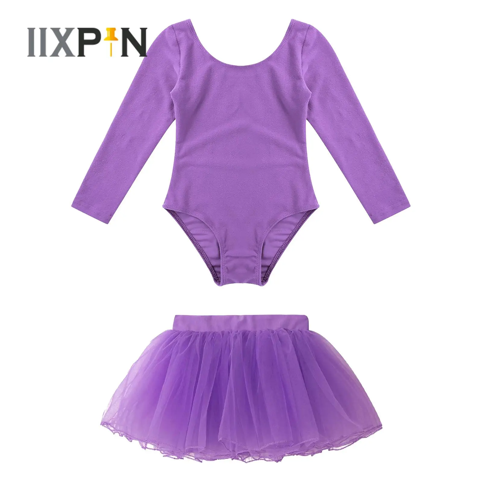 

Girls Ballet Leotards Long Sleeve Solid Color Leotard+Tulle Tutu Skirt Outfit Kids Gymnastics Dance Workout Performance Bodysuit