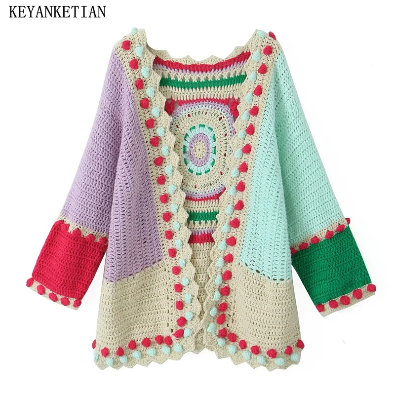 

KEYANKETIAN New Launch Women Crochet Cropped Sweater Bohemian Holiday wind Candy Color Totem Coarse Yarn Knit Cardigans Crop Top