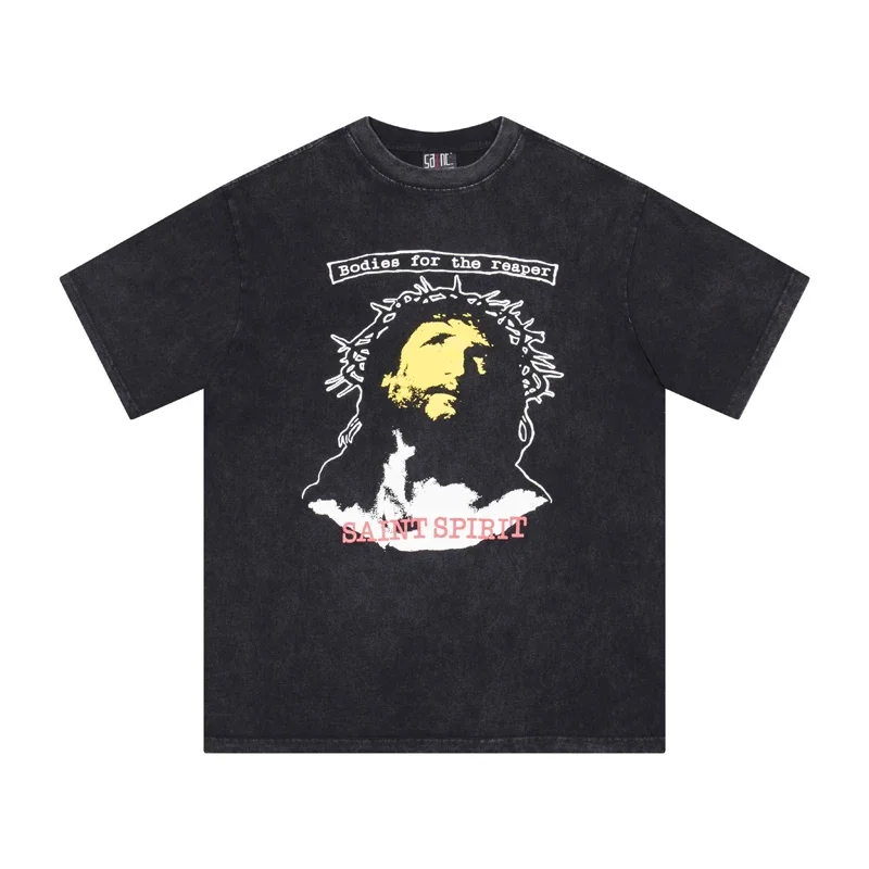 

Oversized Jesus Print Saint Michael Cotton T Shirt Tee Men Women Vintage T-shirt Short Sleeve Black Tops