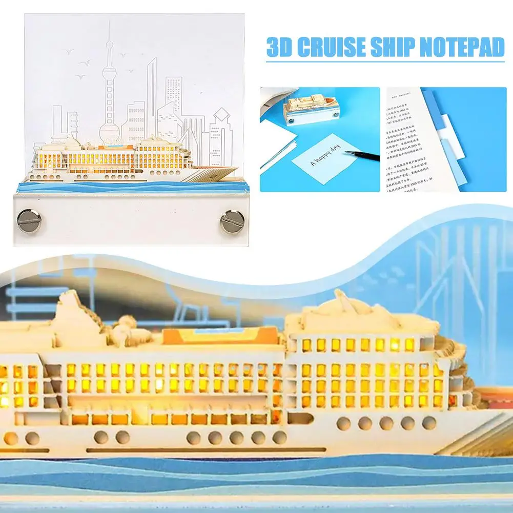 

3D Paper Note Three-Dimensional Memo Pad Ship Sticky Notes, Paper Carving Notepad LED Light Creative Gift