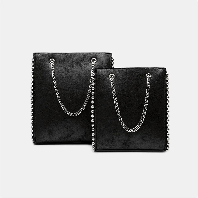 

PU Leather Purses Bags Retro Chains Rivet Large Capacity Tote Bag Women Shoulder Bags Lady Commuting Solid Color Bag Bead Bolsa