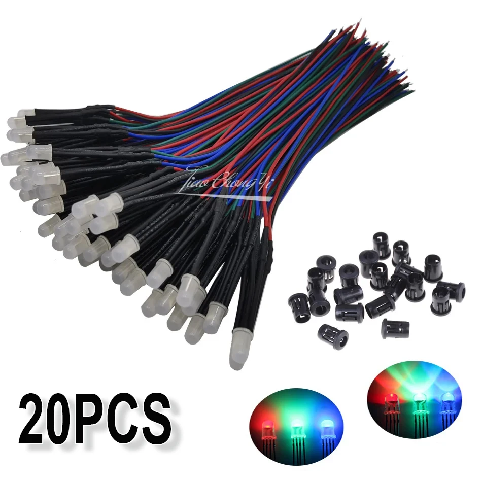 

20PCS/lot 5mm DC12V RGB DIP Multicolor LED Emitting Diode Common Anode Cathode 20cm Round Pre-Wired LED With Plastic Holder DIY