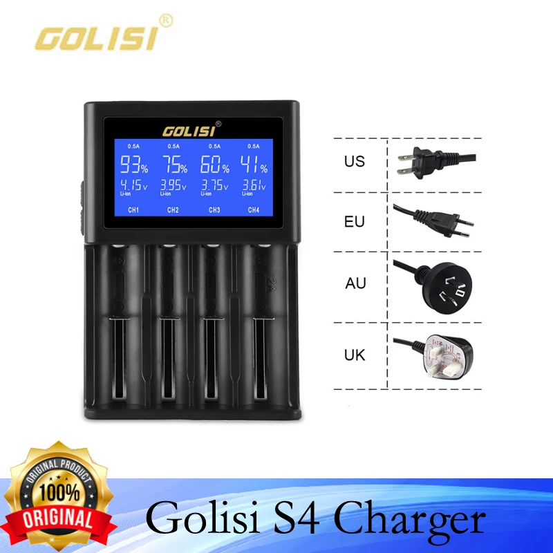

Оригинальное интеллектуальное зарядное устройство Golisi S4 2.0A с ЖК-дисплеем для 26650 18650 20700 21700 AA AAA перезаряжаемые батареи ЕС/США/Великобритания/Австралия