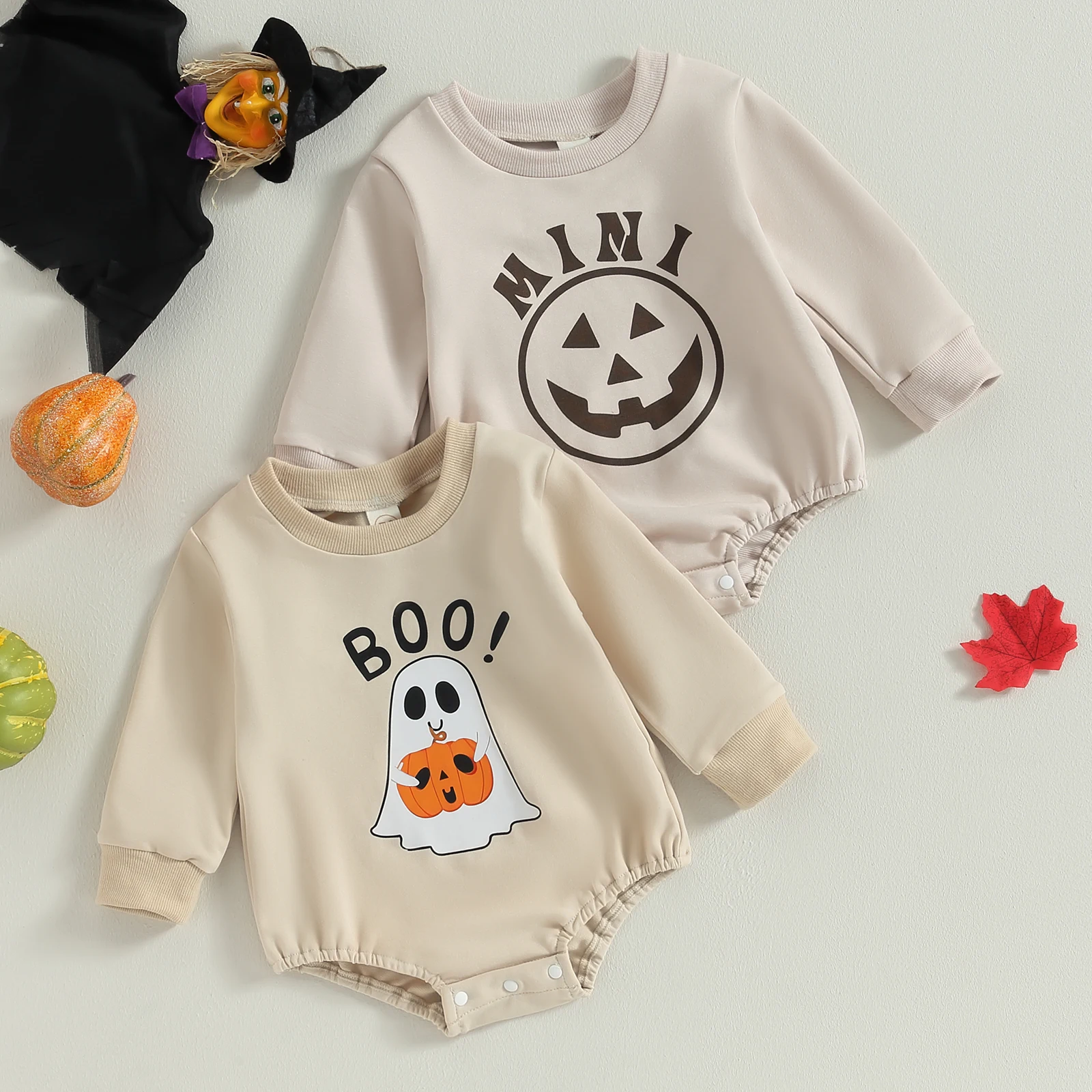 

Mildsown Toddler Baby Romper, Long Sleeve Crew Neck Ghost Pumpkin Letters Print Fall Bodysuit Halloween Clothes for Girls Boys