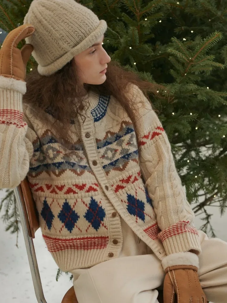 

Vintage Christmas Sweater Thick Knitted Twisted Floral Contrast Color Cardigan Check Loose Crewneck Y2k Tops Cropped Cardigan