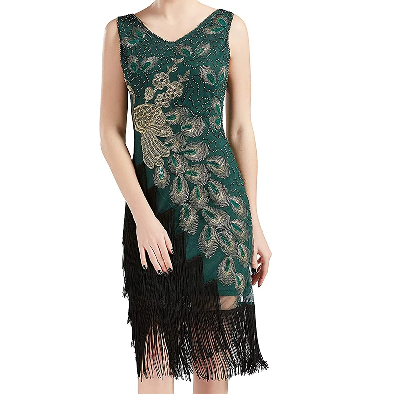 

New Plus Size 1920s Retro Vintage Gatsby Sequins Beaded Long Peacock Fringe Art Deco Roaring 20s Flapper Party Dress for Women